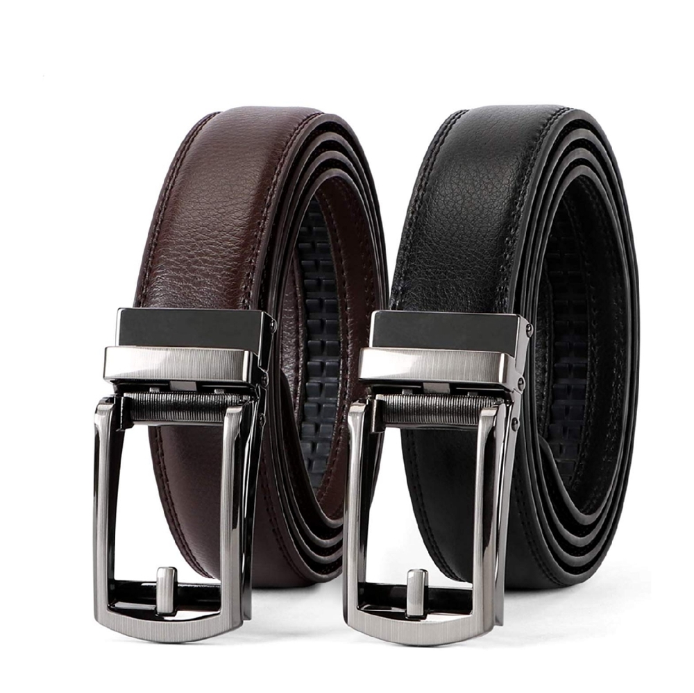 Mens 2pc Leather Ratchet Adjustable Dress Belts